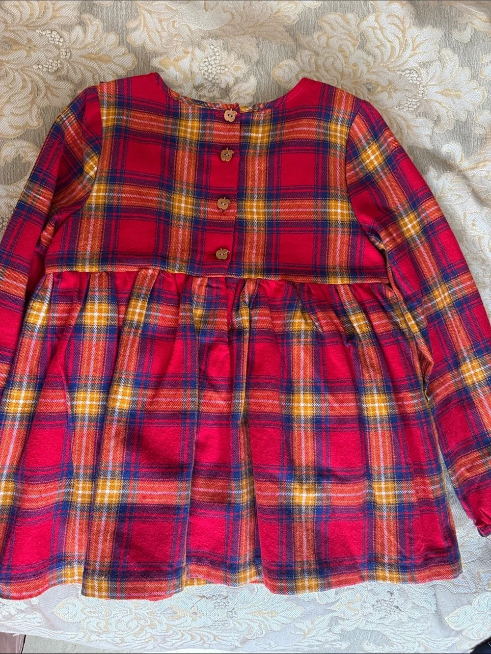 Elie Tahari Red Plaid Ruffle Long-Sleeve Dress with Navy Leggings